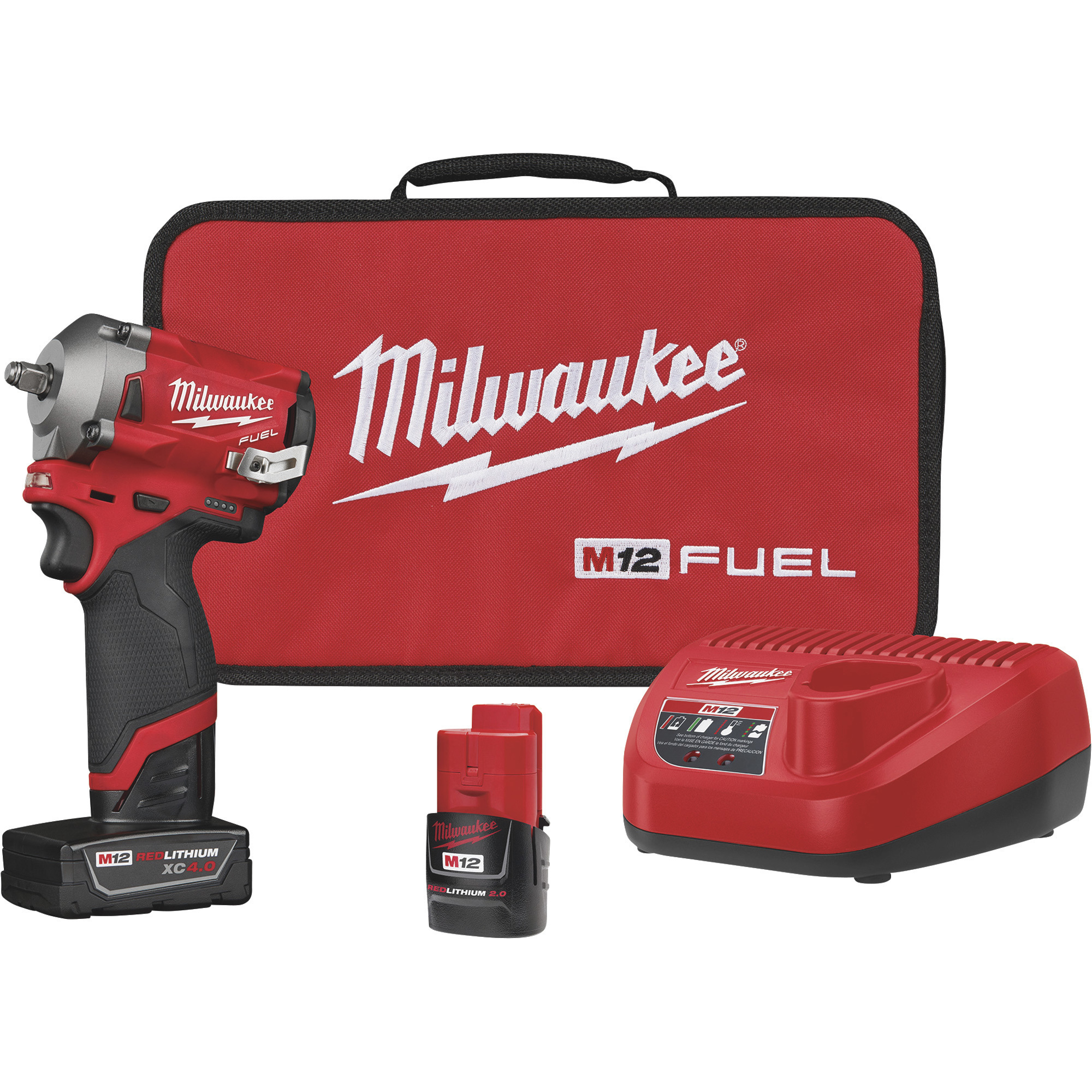 Milwaukee M12 FUEL Cordless Stubby Impact Wrench Kit, 3/8in. Drive, 250 Ft./Lbs. Torque, 2 Batteries, Friction Ring, Model# 2554-22